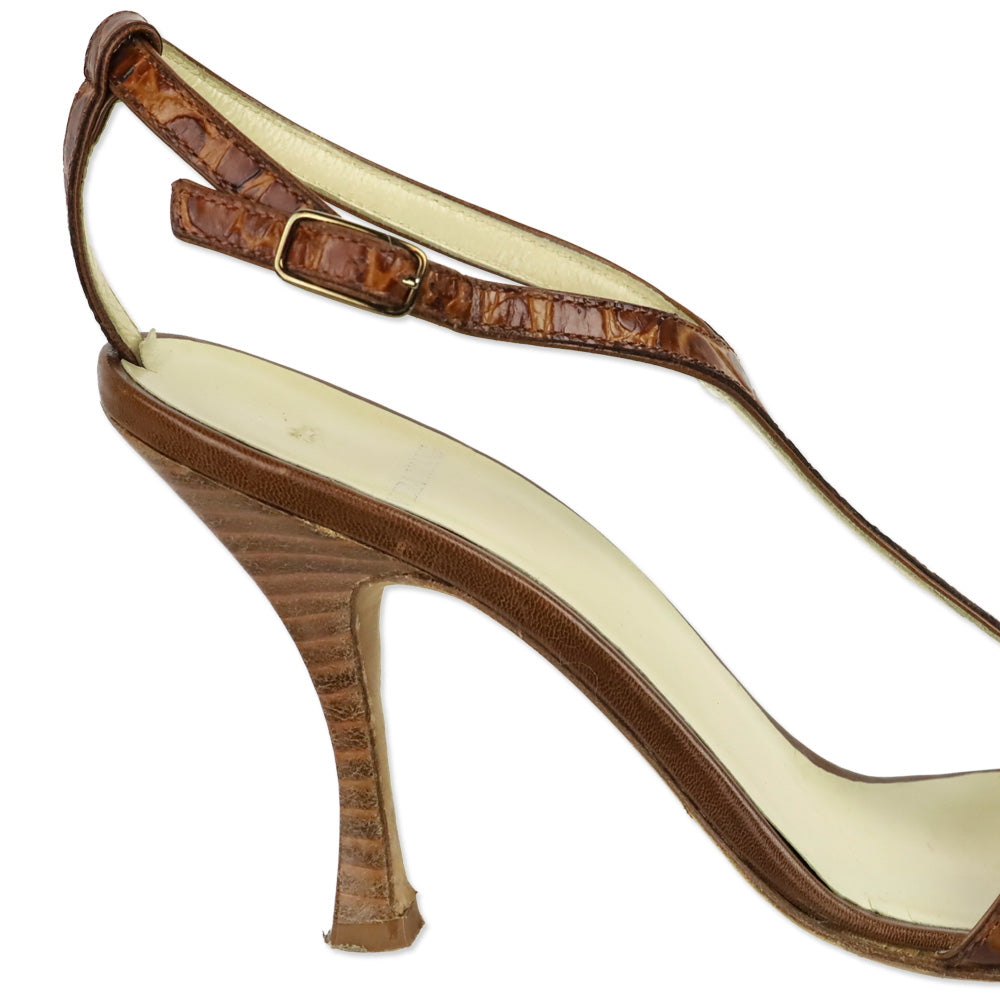 Vera Wang Brown Croc Embossed Leather T-Strap Sandal