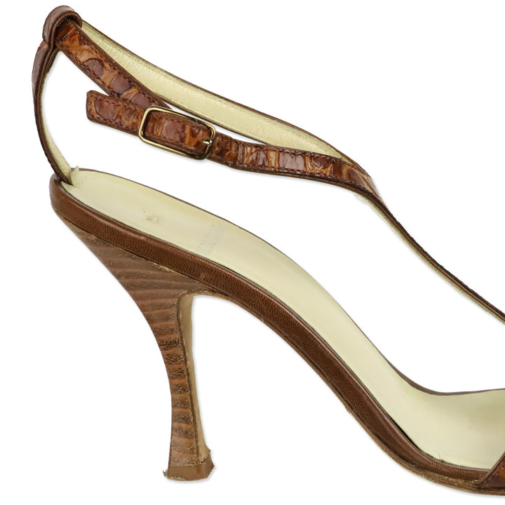 Vera Wang Brown Croc Embossed Leather T-Strap Sandal