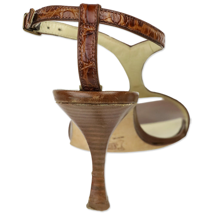 Vera Wang Brown Croc Embossed Leather T-Strap Sandal