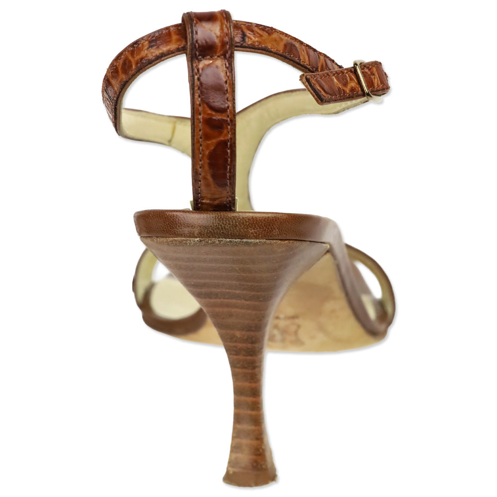 Vera Wang Brown Croc Embossed Leather T-Strap Sandal