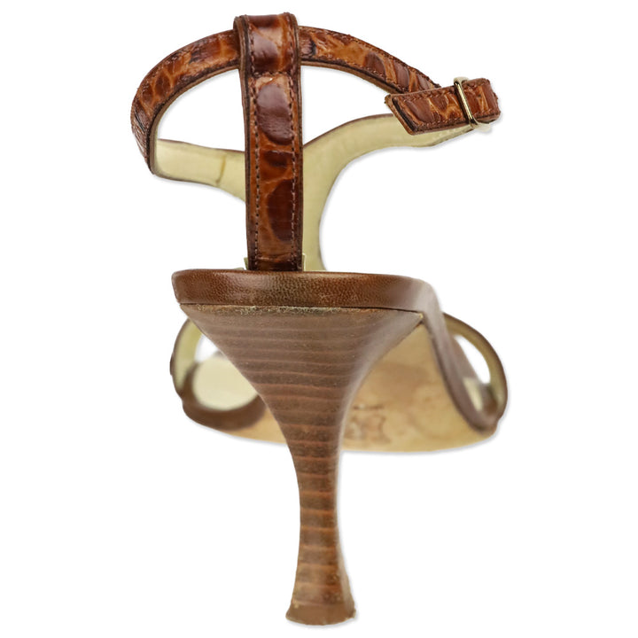 Vera Wang Brown Croc Embossed Leather T-Strap Sandal