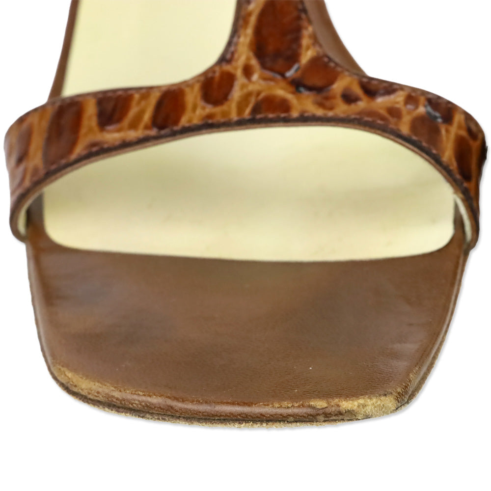 Vera Wang Brown Croc Embossed Leather T-Strap Sandal