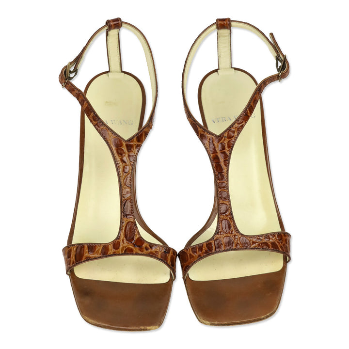 Vera Wang Brown Croc Embossed Leather T-Strap Sandal