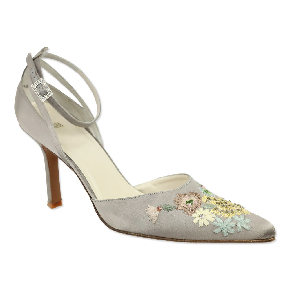 Vera Wang Handmade by Stuart Weitzman Taupe Satin Floral Embroidered Ankle-Strap D'Orsay Pump