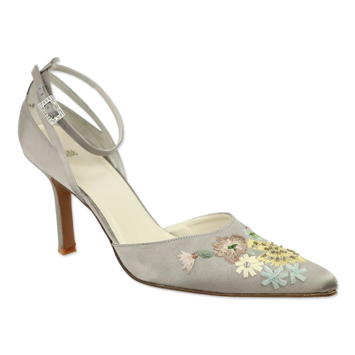 Vera Wang Handmade by Stuart Weitzman Taupe Satin Floral Embroidered Ankle-Strap D'Orsay Pump