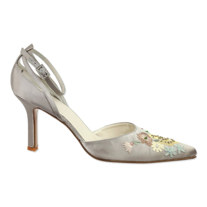 Vera Wang Handmade by Stuart Weitzman Taupe Satin Floral Embroidered Ankle-Strap D'Orsay Pump