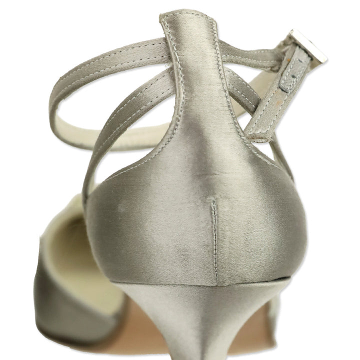 Vera Wang Handmade by Stuart Weitzman Taupe Satin Floral Embroidered Ankle-Strap D'Orsay Pump