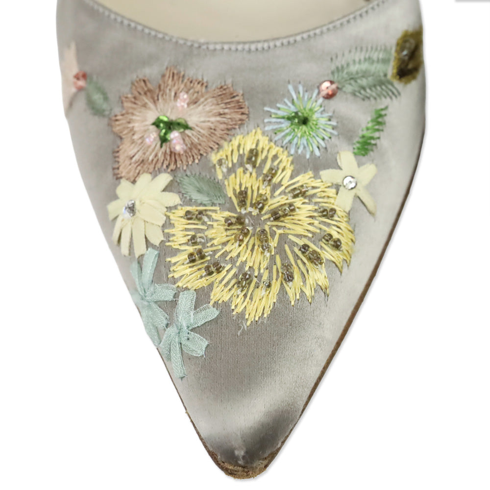 Vera Wang Handmade by Stuart Weitzman Taupe Satin Floral Embroidered Ankle-Strap D'Orsay Pump