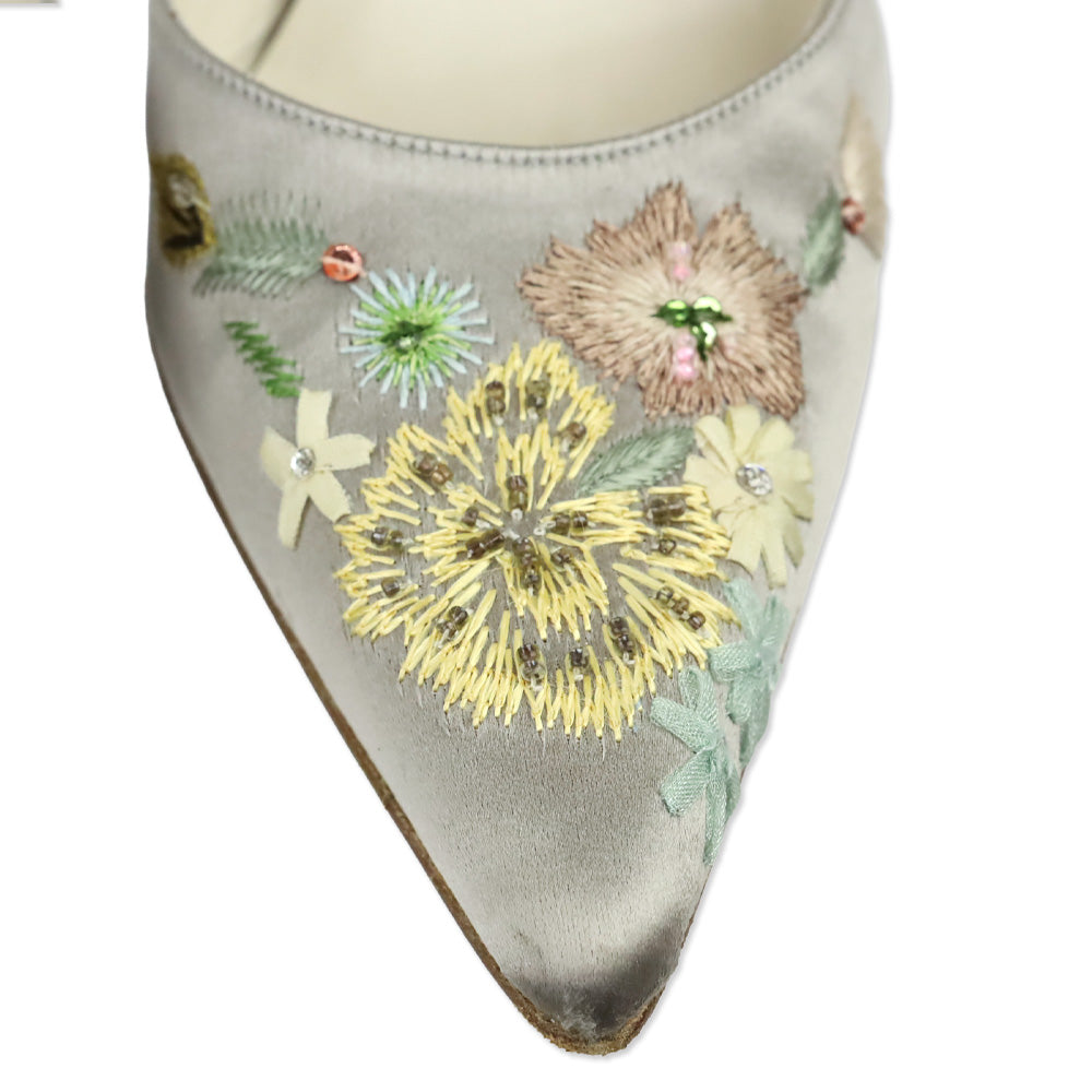 Vera Wang Handmade by Stuart Weitzman Taupe Satin Floral Embroidered Ankle-Strap D'Orsay Pump