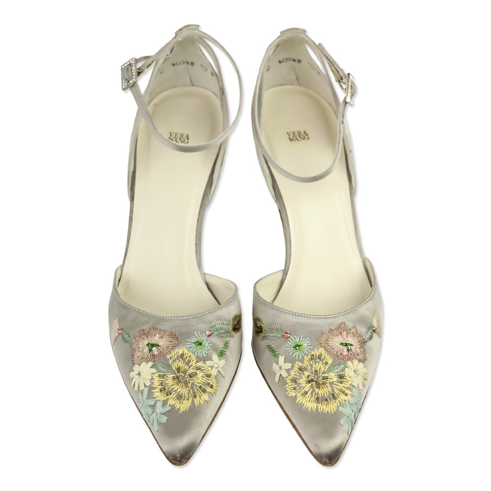 Vera Wang Handmade by Stuart Weitzman Taupe Satin Floral Embroidered Ankle-Strap D'Orsay Pump