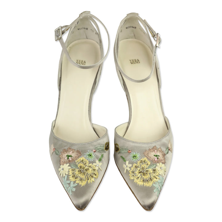 Vera Wang Handmade by Stuart Weitzman Taupe Satin Floral Embroidered Ankle-Strap D'Orsay Pump
