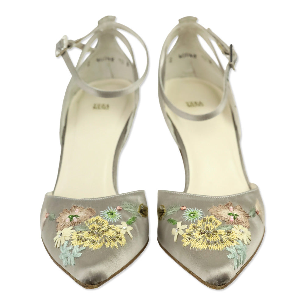 Vera Wang Handmade by Stuart Weitzman Taupe Satin Floral Embroidered Ankle-Strap D'Orsay Pump