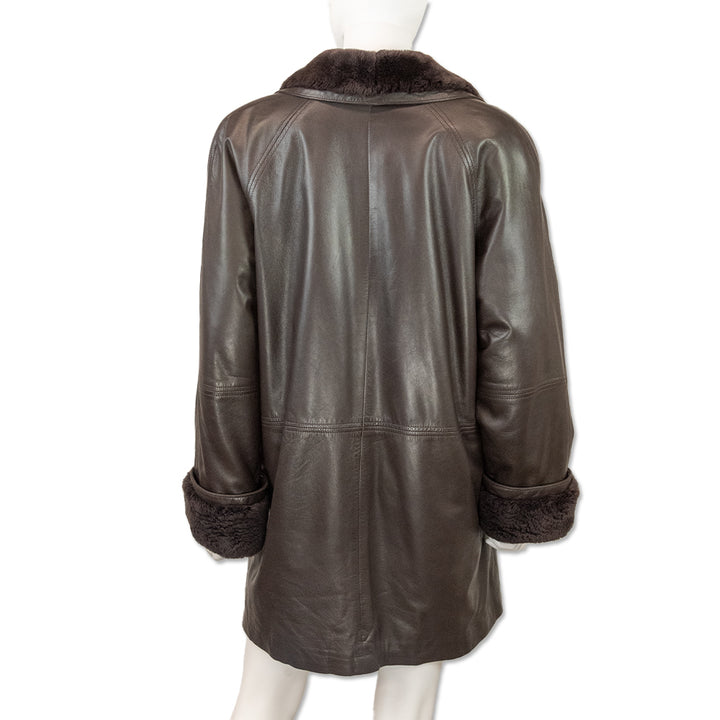 Vericci Brown Leather Mink Trim Coat