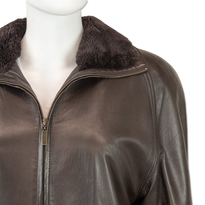 Vericci Brown Leather Mink Trim Coat