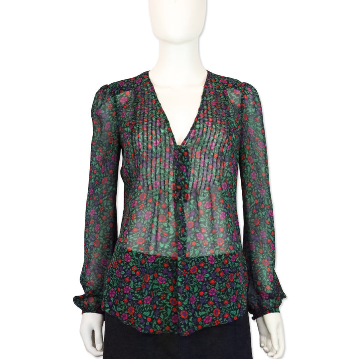 Veronica Beard Black Multi Floral Lowell V-Neck Long-Sleeve Silk Blouse