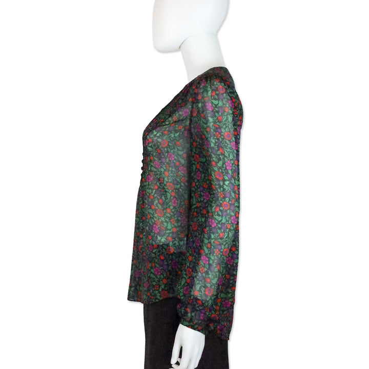Veronica Beard Black Multi Floral Lowell V-Neck Long-Sleeve Silk Blouse