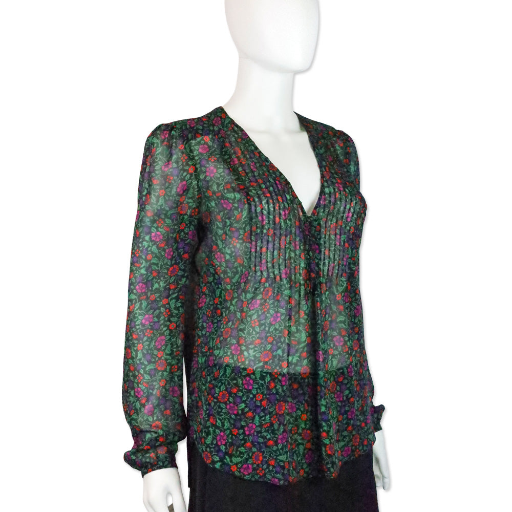 Veronica Beard Black Multi Floral Lowell V-Neck Long-Sleeve Silk Blouse