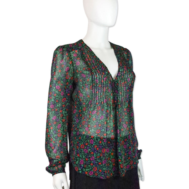 Veronica Beard Black Multi Floral Lowell V-Neck Long-Sleeve Silk Blouse