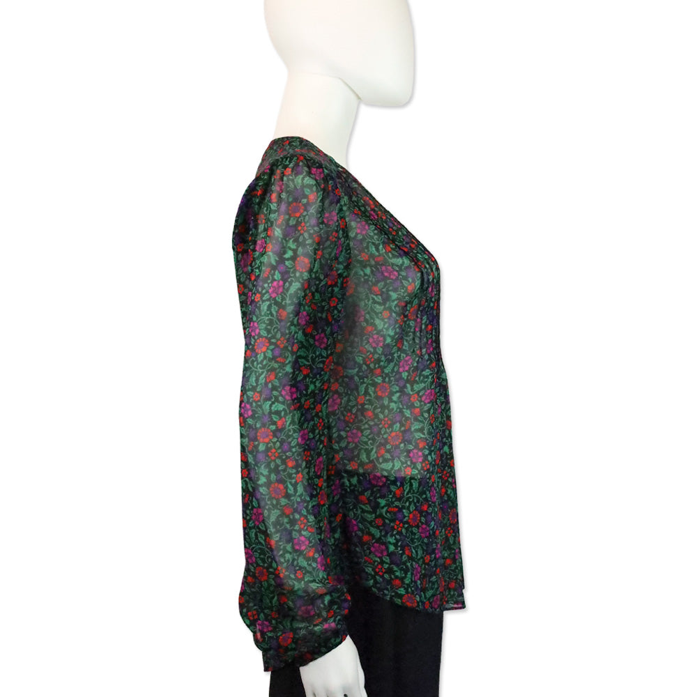 Veronica Beard Black Multi Floral Lowell V-Neck Long-Sleeve Silk Blouse