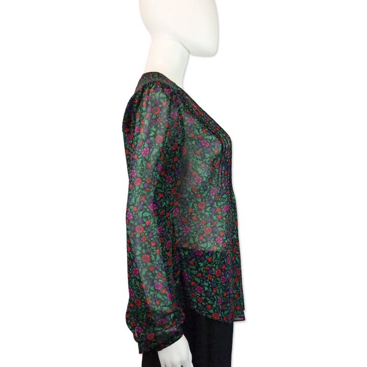 Veronica Beard Black Multi Floral Lowell V-Neck Long-Sleeve Silk Blouse