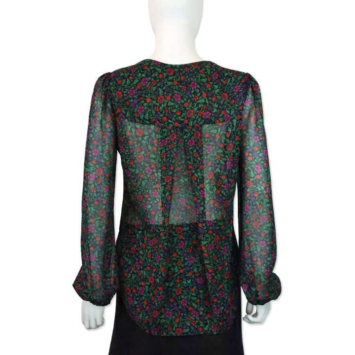 Veronica Beard Black Multi Floral Lowell V-Neck Long-Sleeve Silk Blouse