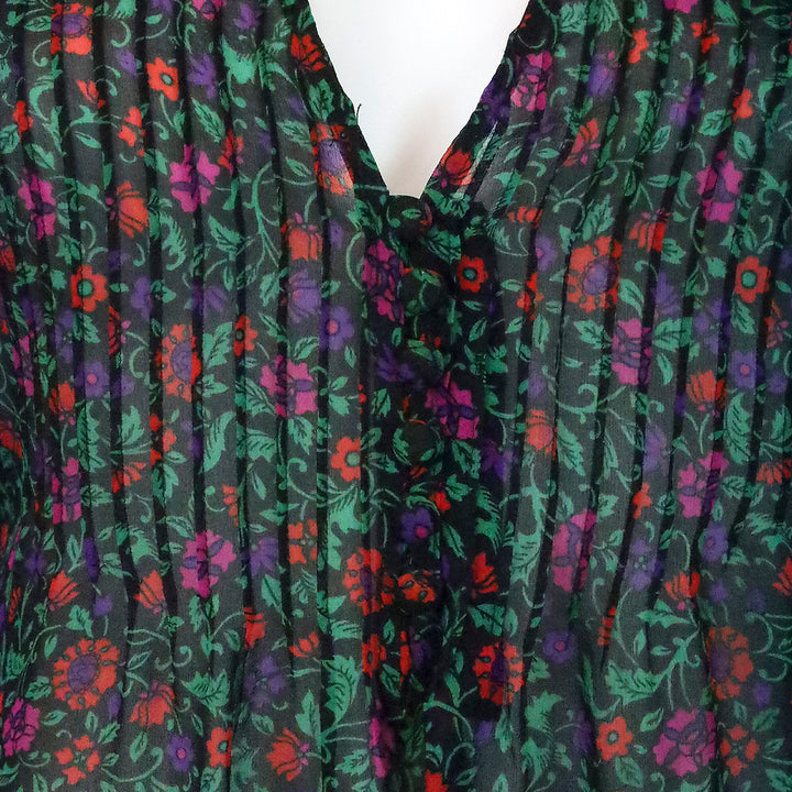 Veronica Beard Black Multi Floral Lowell V-Neck Long-Sleeve Silk Blouse