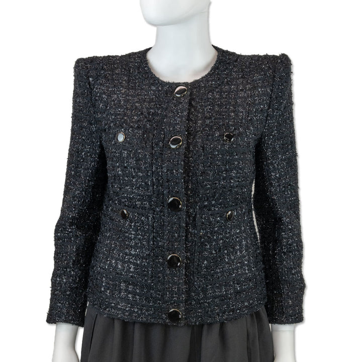 Veronica Beard Black Tweed Tinsel Fringe Cropped Blazer