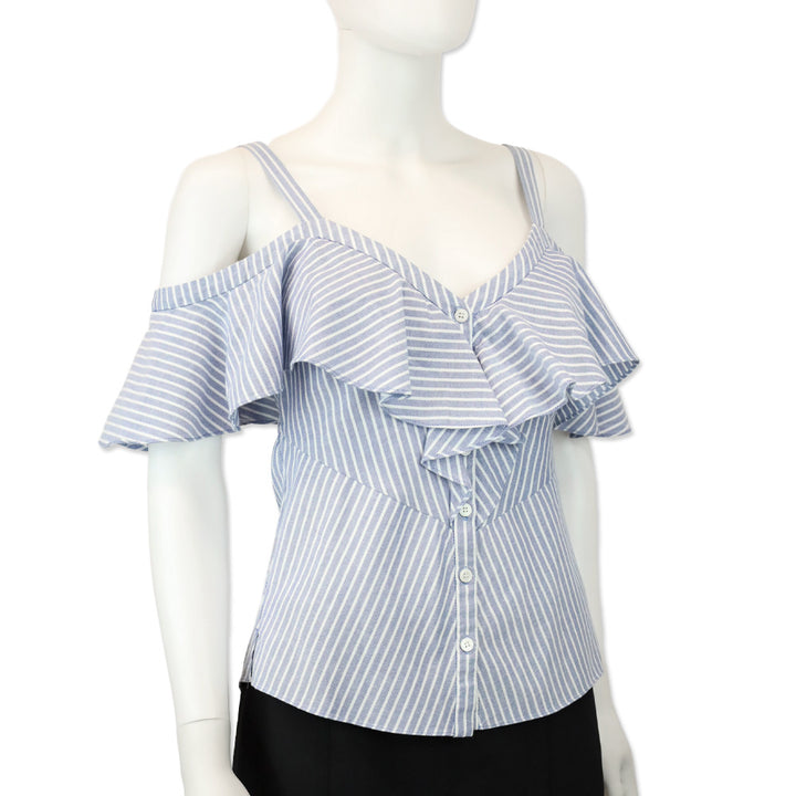 Veronica Beard Blue/White Striped Off-the-Shoulder Button-Up Blouse