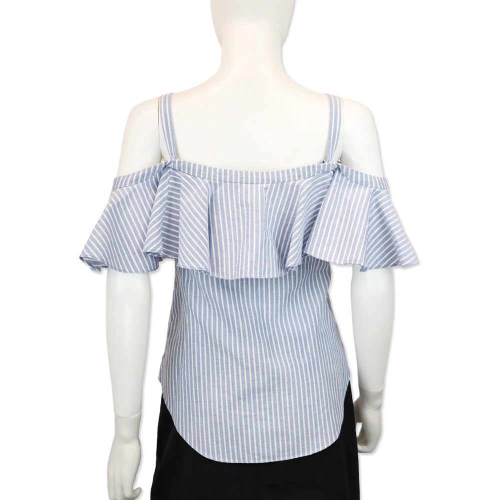 Veronica Beard Blue/White Striped Off-the-Shoulder Button-Up Blouse