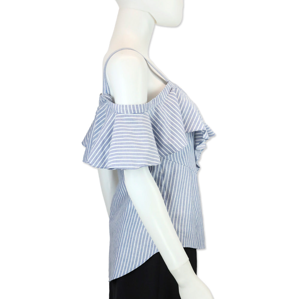 Veronica Beard Blue/White Striped Off-the-Shoulder Button-Up Blouse