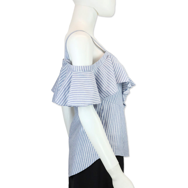 Veronica Beard Blue/White Striped Off-the-Shoulder Button-Up Blouse