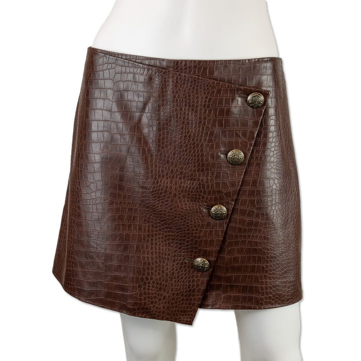 Veronica Beard Brown Embossed Faux Leather Button Front Mini Skirt