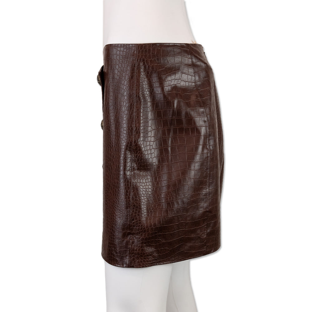 Veronica Beard Brown Embossed Faux Leather Button Front Mini Skirt