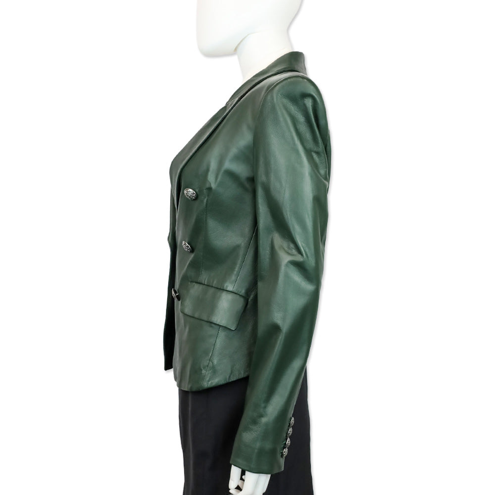 Veronica Beard Dark Green Leather Cooke Dickey Jacket Blazer