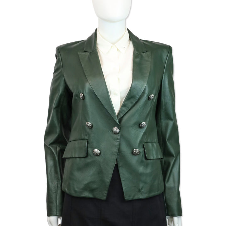 Veronica Beard Dark Green Leather Cooke Dickey Jacket Blazer