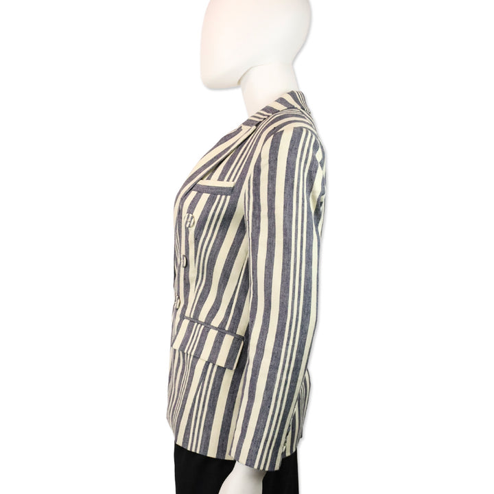 Veronica Beard Ecru/Indigo Geneva Striped Linen Blend Double-Breasted Dickey Jacket