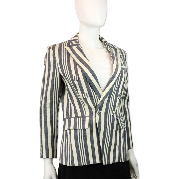 Veronica Beard Ecru/Indigo Geneva Striped Linen Blend Double-Breasted Dickey Jacket