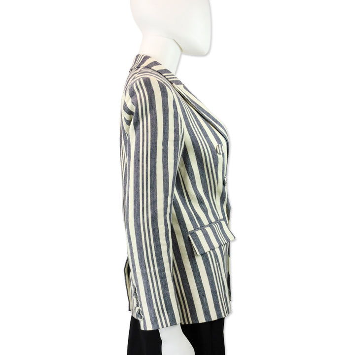 Veronica Beard Ecru/Indigo Geneva Striped Linen Blend Double-Breasted Dickey Jacket