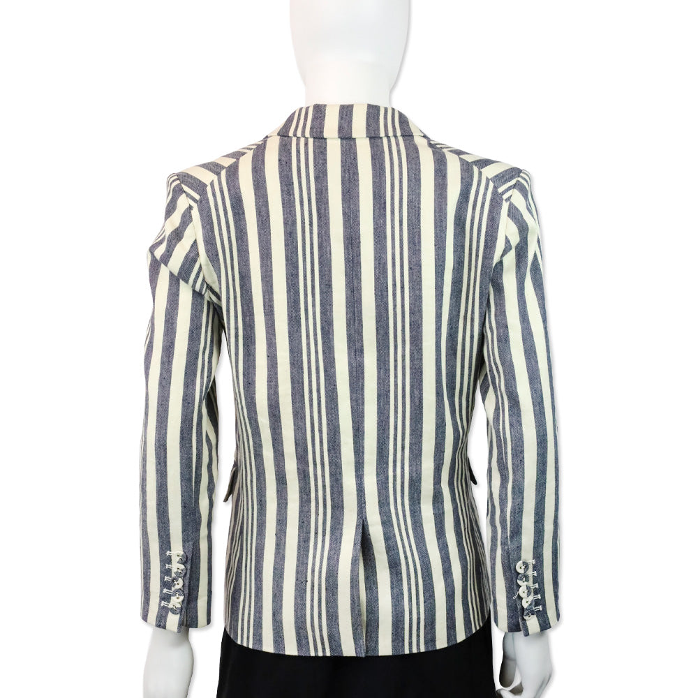 Veronica Beard Ecru/Indigo Geneva Striped Linen Blend Double-Breasted Dickey Jacket
