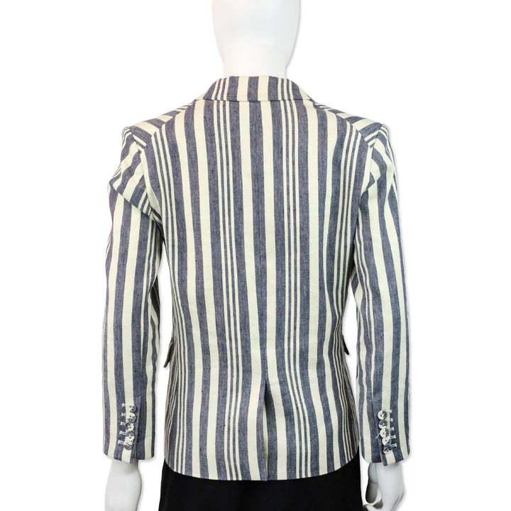 Veronica Beard Ecru/Indigo Geneva Striped Linen Blend Double-Breasted Dickey Jacket