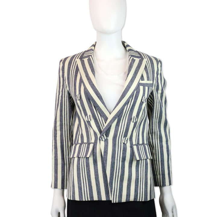 Veronica Beard Ecru/Indigo Geneva Striped Linen Blend Double-Breasted Dickey Jacket