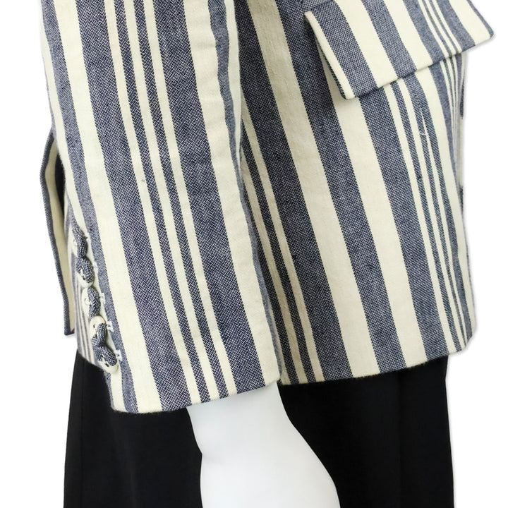 Veronica Beard Ecru/Indigo Geneva Striped Linen Blend Double-Breasted Dickey Jacket