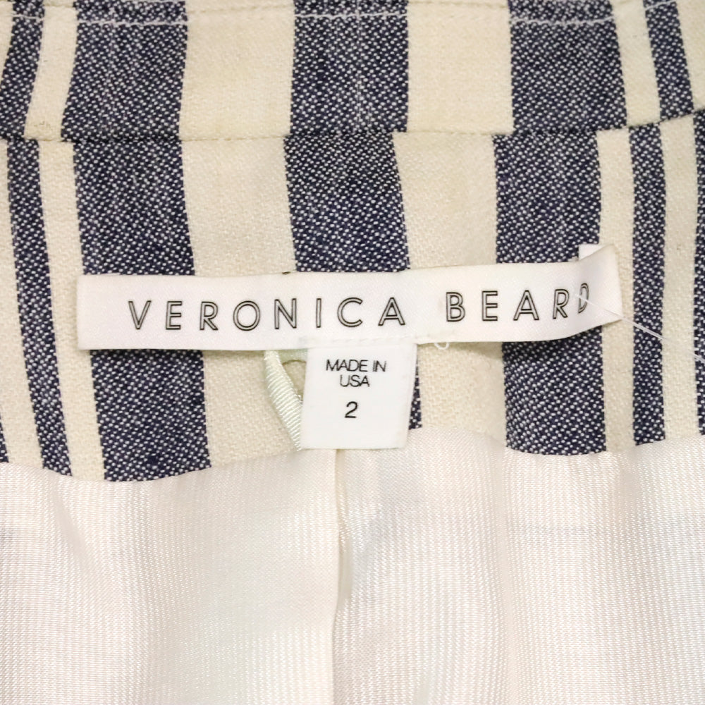 Veronica Beard Ecru/Indigo Geneva Striped Linen Blend Double-Breasted Dickey Jacket