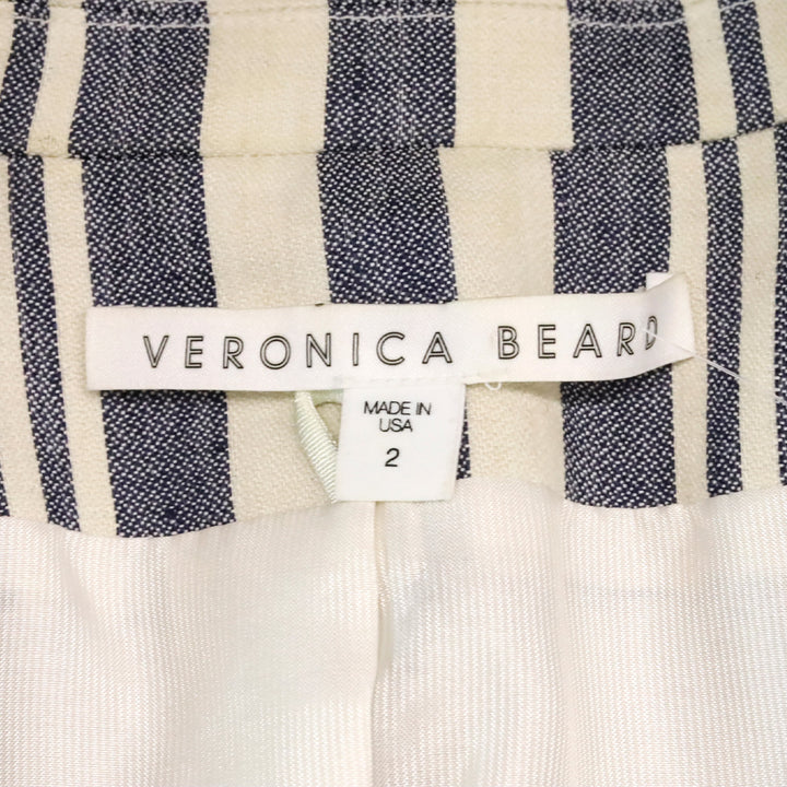 Veronica Beard Ecru/Indigo Geneva Striped Linen Blend Double-Breasted Dickey Jacket