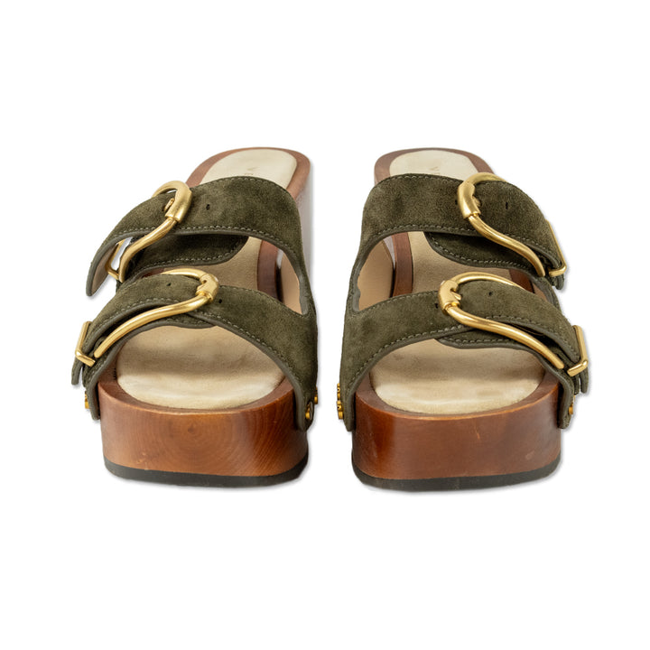 Veronica Beard Halifax Olive Green Suede Buckle Platform Clogs