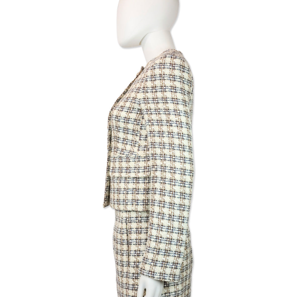 Veronica Beard Ivory/Camel Bentley Check Tweed Cropped Jacket