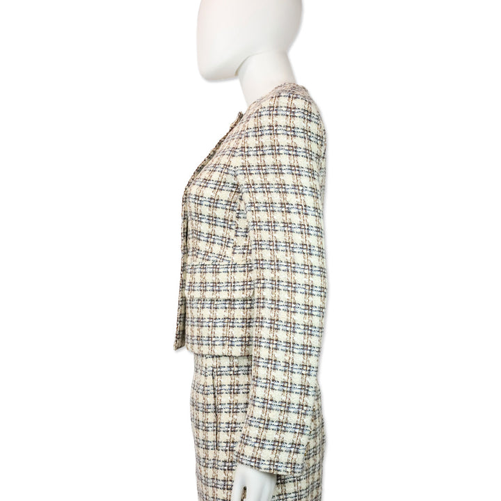 Veronica Beard Ivory/Camel Bentley Check Tweed Cropped Jacket