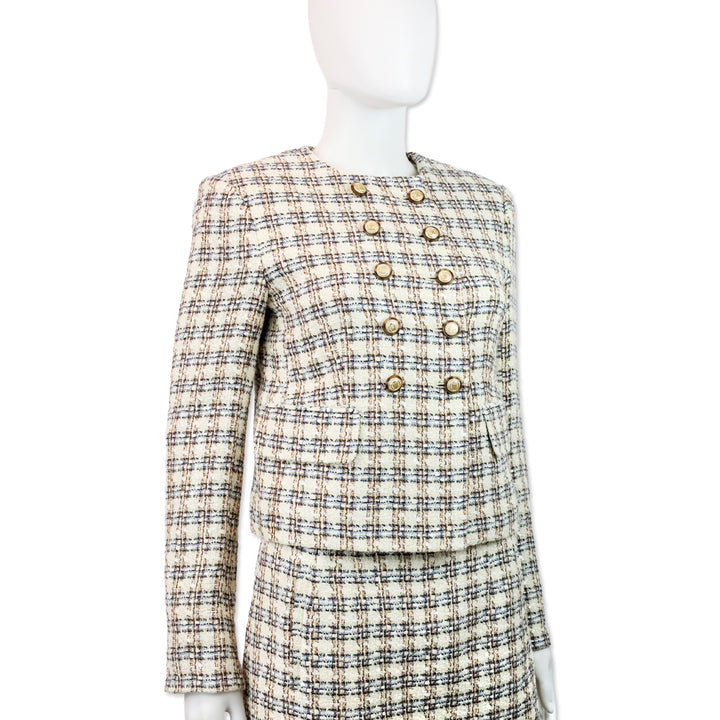 Veronica Beard Ivory/Camel Bentley Check Tweed Cropped Jacket