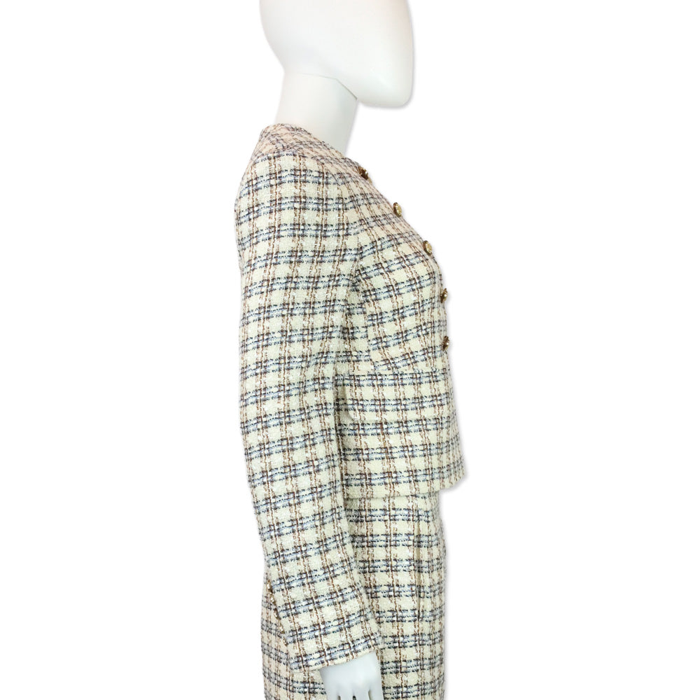 Veronica Beard Ivory/Camel Bentley Check Tweed Cropped Jacket