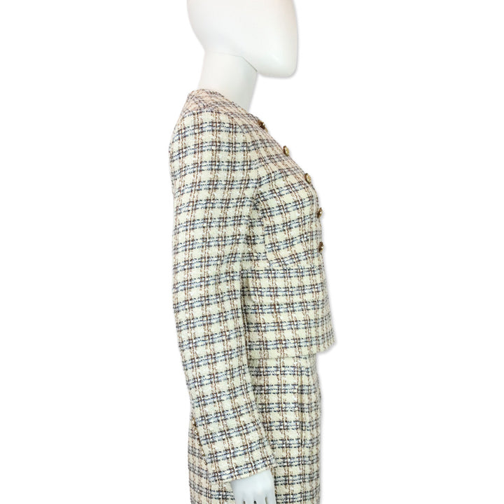 Veronica Beard Ivory/Camel Bentley Check Tweed Cropped Jacket